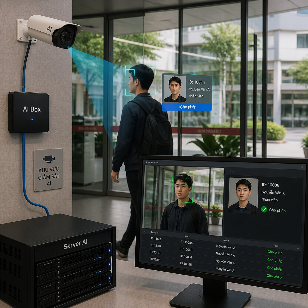 Camera AI nhận diện khuôn mặt kết hợp AI Box và Server AI