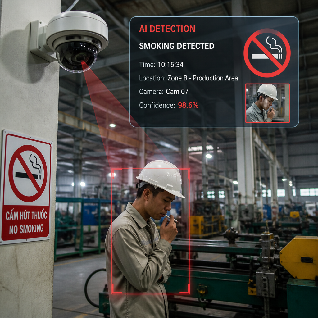 Camera Phát Hiện Hút Thuốc AI – Tự Động Giám Sát Khu Vực Cấm Trong Nhà Máy