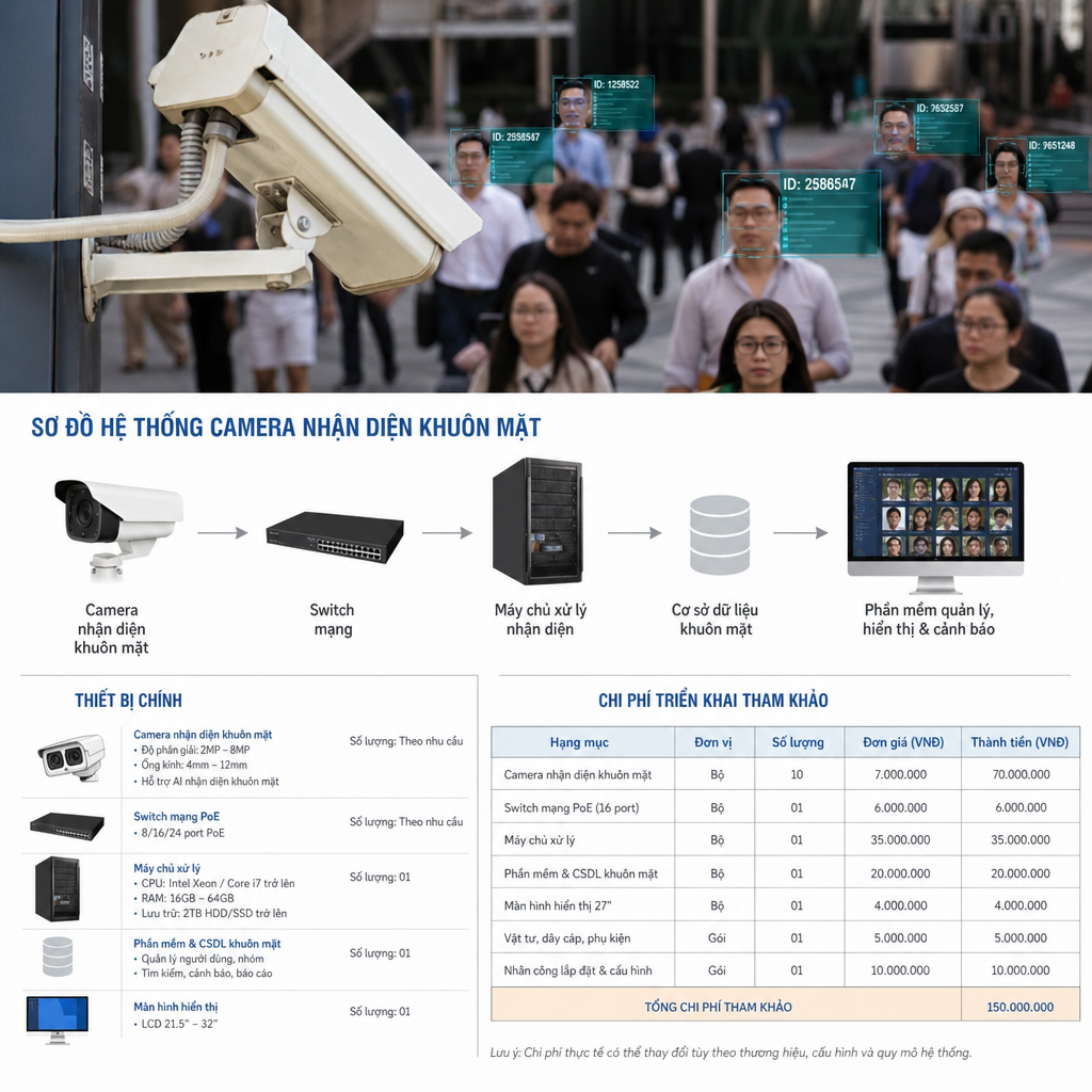 Hệ Thống Camera Nhận Diện Khuôn Mặt: Sơ Đồ, Thiết Bị & Chi Phí Triển Khai